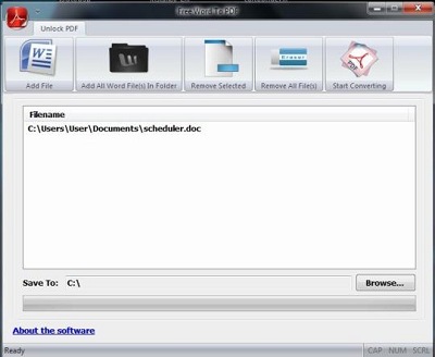 Интерфейс Free Word to PDF Converter с кнопками добавления файлов и запуском преобразования
