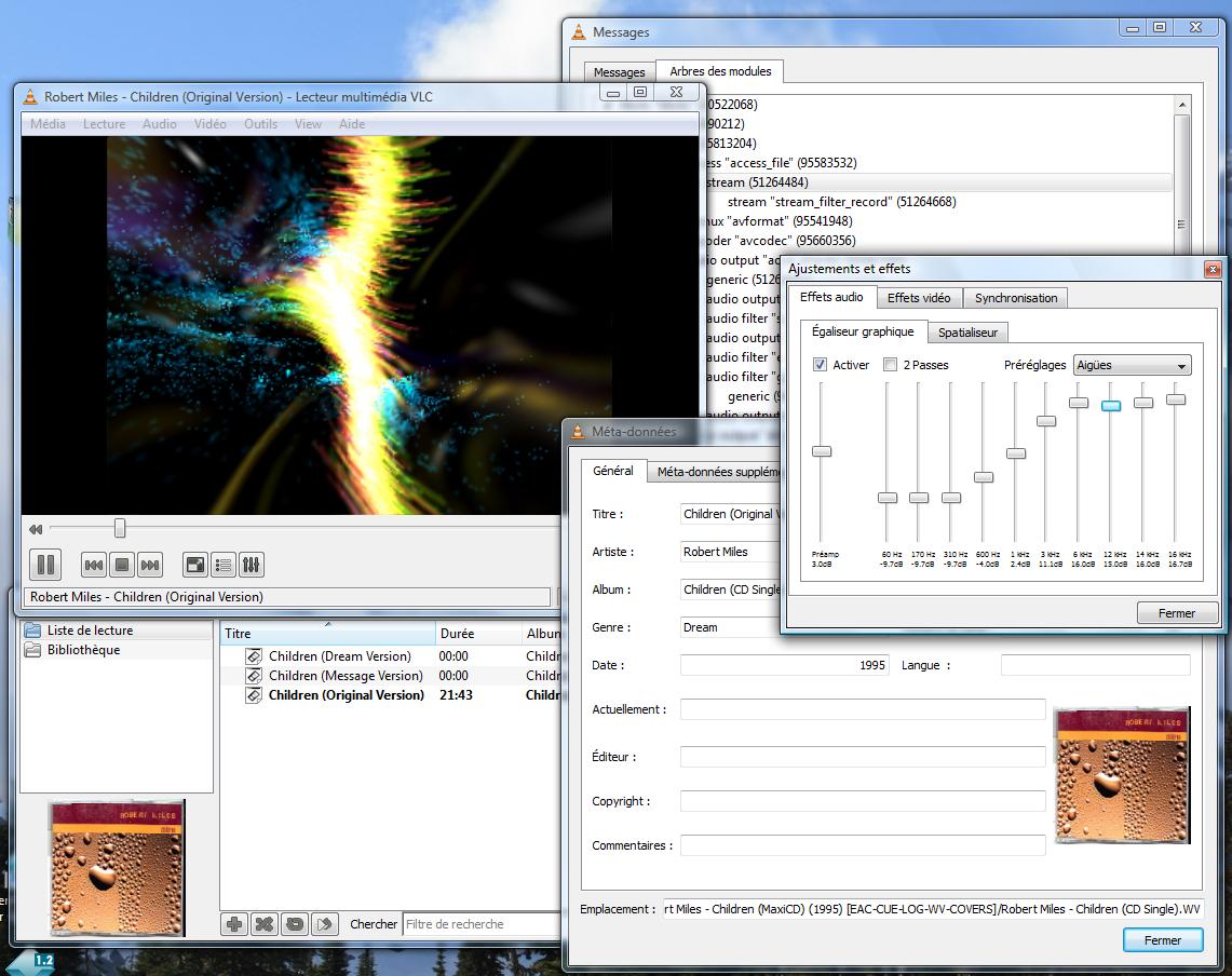 Интерфейс VLC Media Player с окном воспроизведения, сведениями и эквалайзером