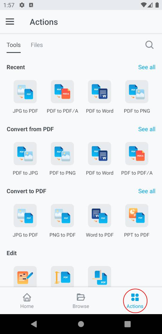 Раздел Actions в Xodo Mobile с командами PDF to Word, PDF to PNG, JPG to PDF и другими конвертерами