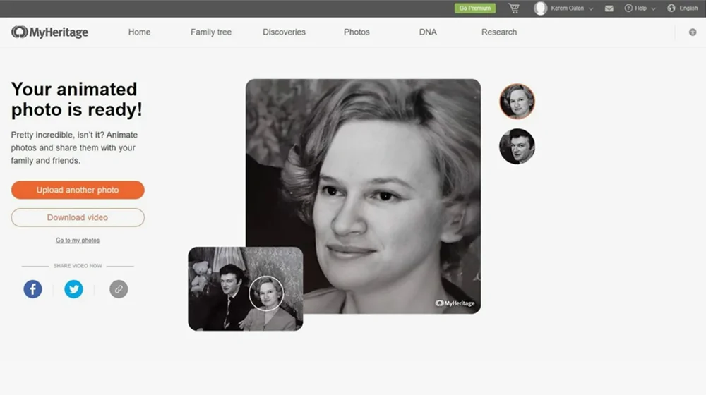 Интерфейс MyHeritage для улучшения старой фотографии