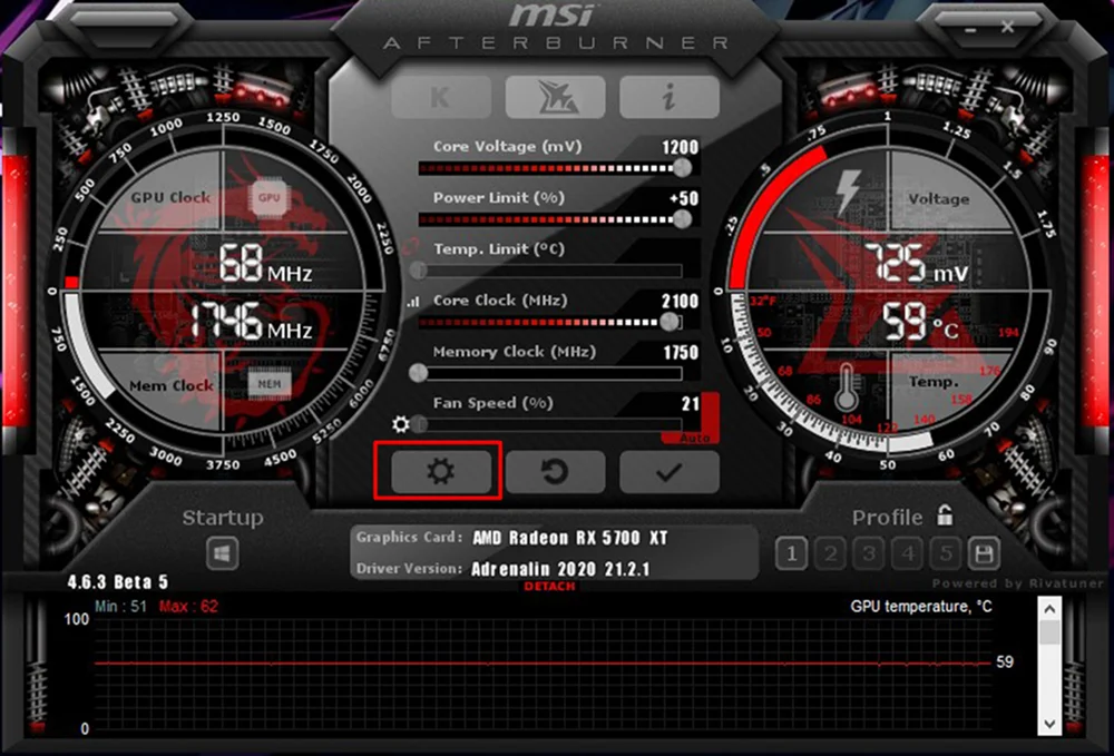 Главное окно MSI Afterburner