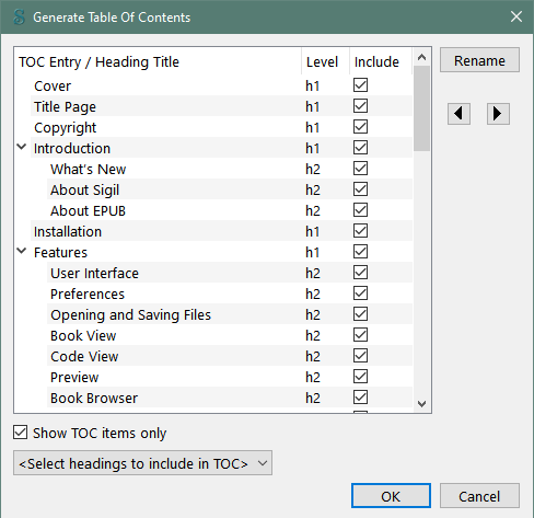 Sigil: окно Generate Table of Contents и выбор заголовков для навигации