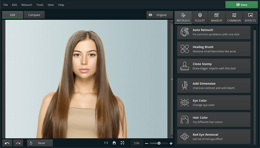 PhotoDiva: вкладка Retouch и список портретных инструментов