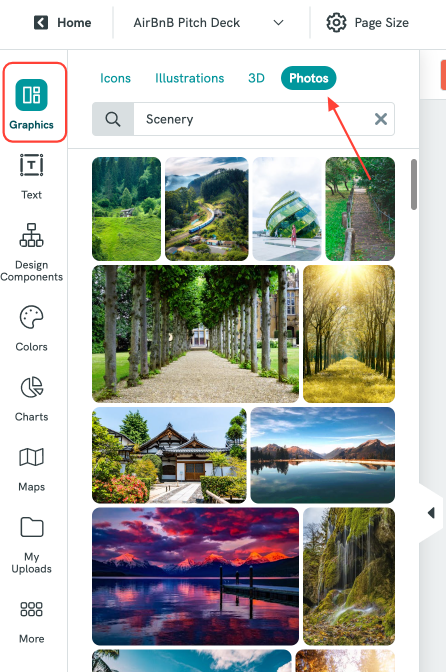 Панель Graphics и вкладка Photos в редакторе Piktochart