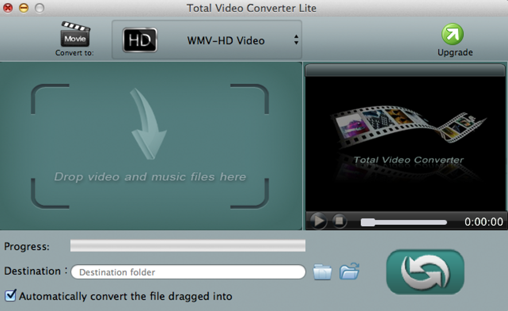 Интерфейс Total Video Converter Lite на macOS с Convert to и Destination