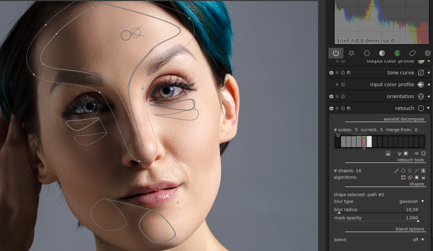 Интерфейс darktable с модулем retouch и wavelet decomposition