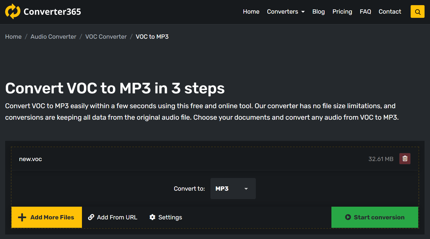 Converter365: VOC добавлен в конвертер и выбран MP3