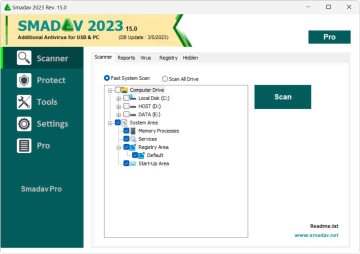 Интерфейс Smadav со Scanner, Protect, Tools и Settings
