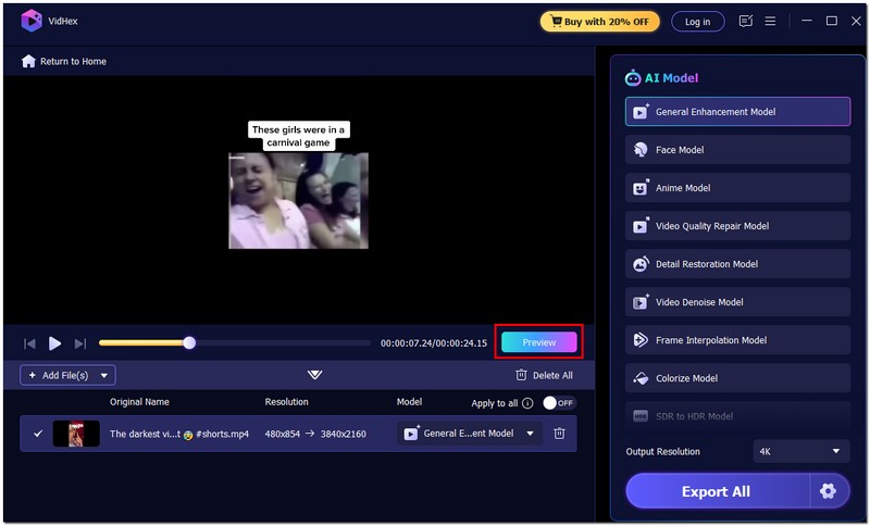 Предпросмотр улучшенного видео в VidHex