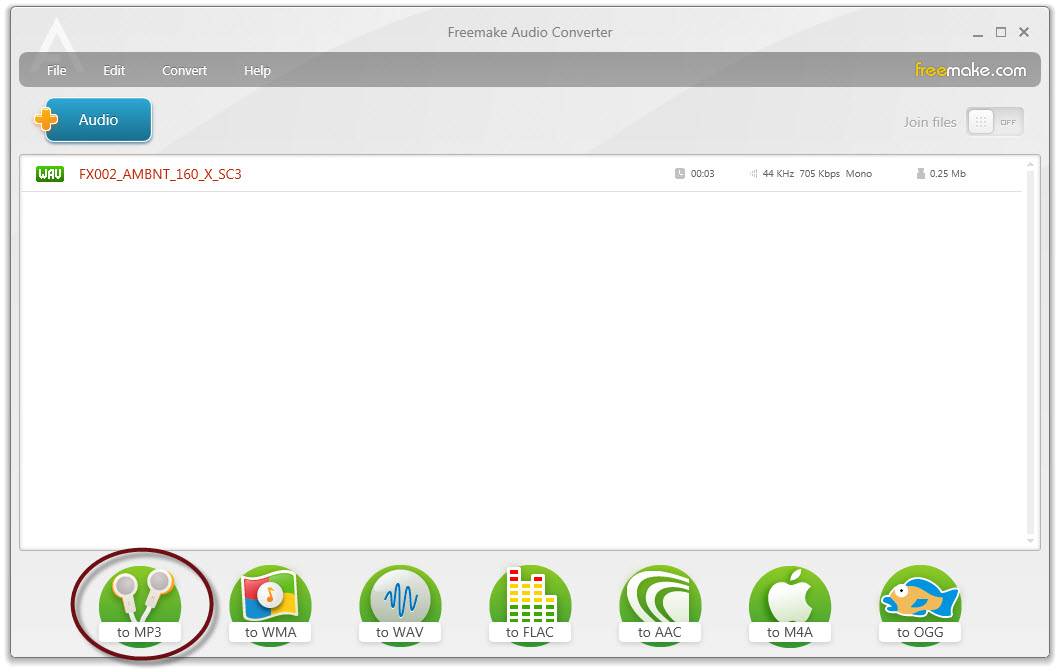 Freemake Audio Converter: WAV загружен перед выбором MP3