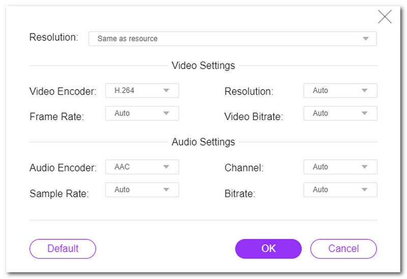 Окно аудионастроек FVC Free Video Converter Online с параметрами Sample Rate, Channel и Bitrate