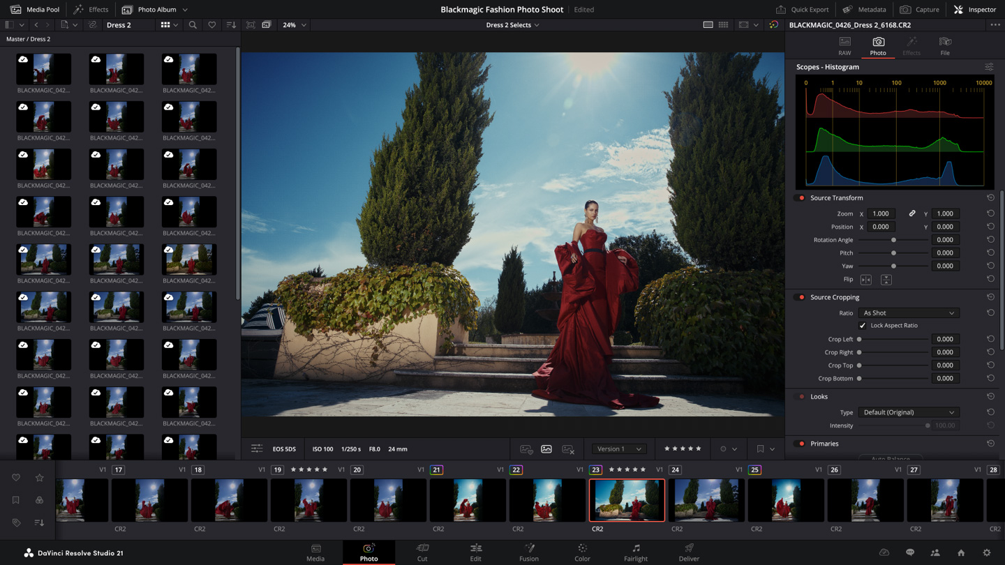 Photo page в DaVinci Resolve Studio с сеткой RAW-файлов, просмотром кадра, гистограммой, Source Transform и Source Cropping