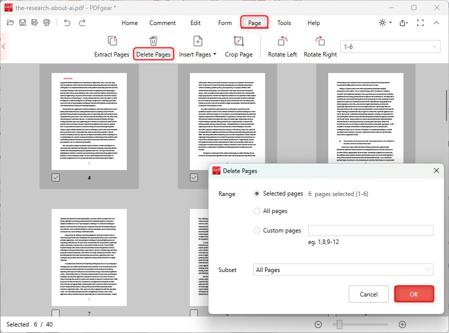 Выбор нескольких страниц и команда Delete Pages в PDFgear