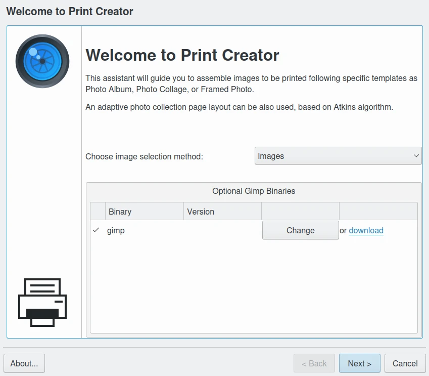 Первая страница мастера Print Creator в digiKam