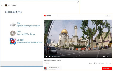Окно Export Video в VideoPad с вариантами File, Disc и Upload