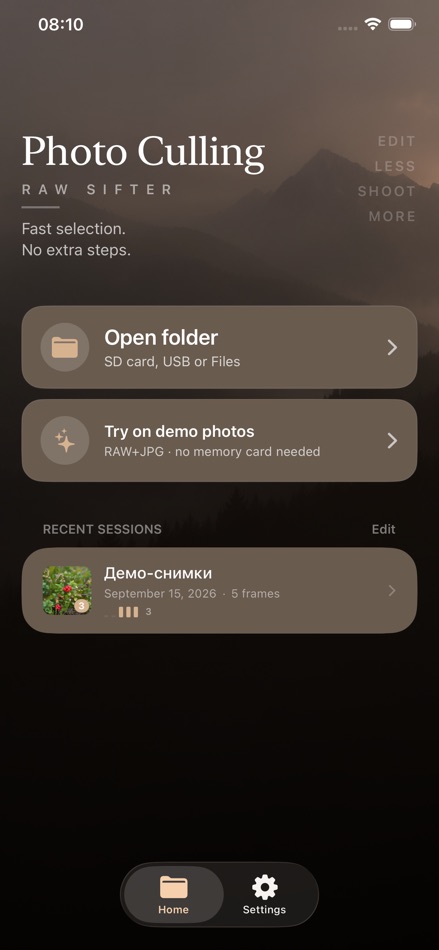 Стартовый экран RAW+JPG Cull — Photo Sift на iPhone с командами Open folder и Try on demo photos