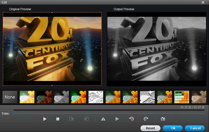 Окно редактирования WonderFox DVD Video Converter с Original Preview, Output Preview, эффектами, Reset, OK и Cancel