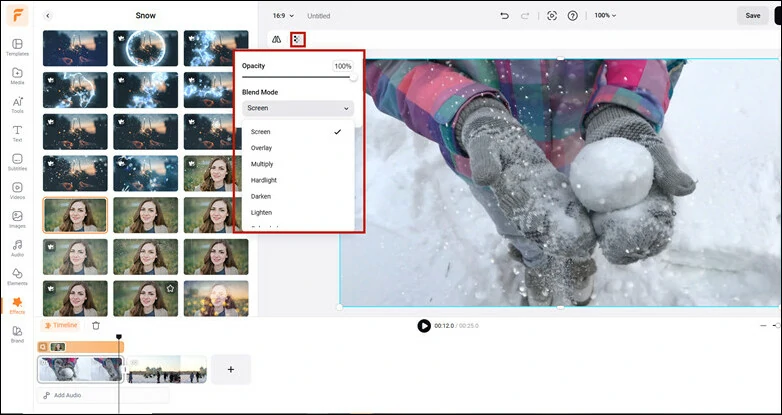 Настройка Opacity и Blend Mode снежного эффекта в FlexClip