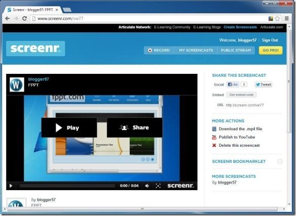Страница опубликованного скринкаста Screenr с URL, embed-кодом и действиями Download mp4 file и Publish to YouTube