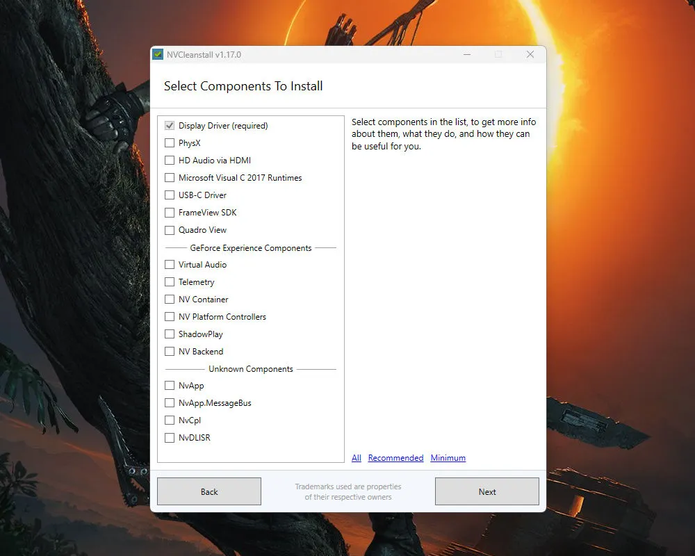 Выбор компонентов пакета NVIDIA в NVCleanInstall