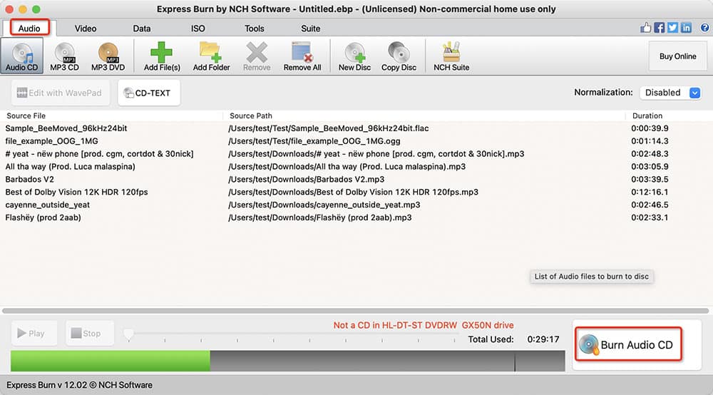 Express Burn на macOS: аудиопроект с режимами Audio CD и MP3 CD