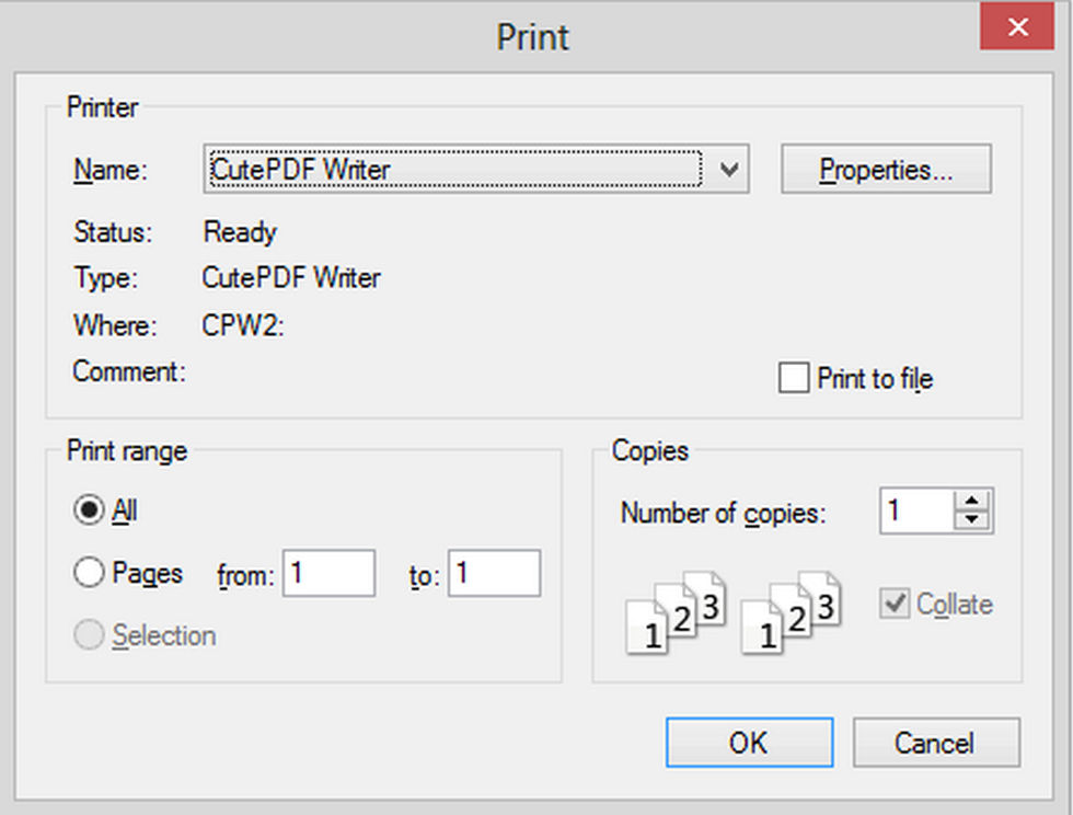 Окно печати Windows с выбранным принтером CutePDF Writer