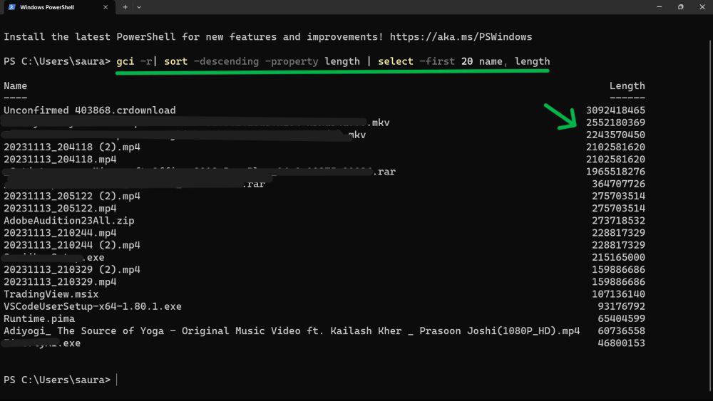 Поиск крупных файлов с помощью PowerShell