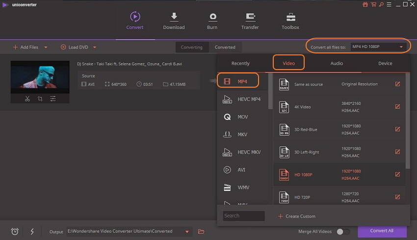 Выбор выходного формата в Wondershare UniConverter