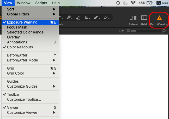 Включение Exposure Warning в меню Capture One