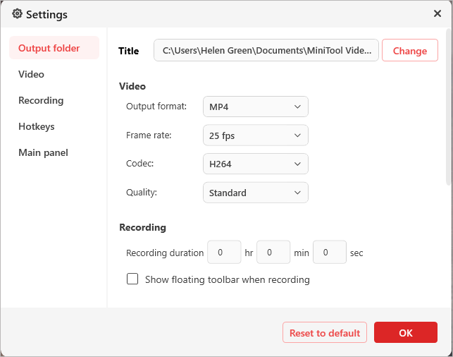 Настройки записи экрана в MiniTool Video Converter