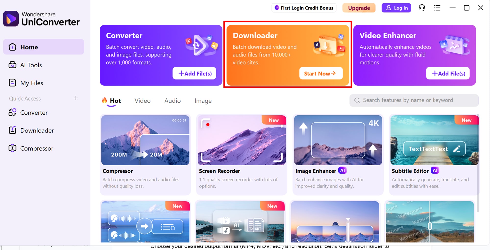 Открытие модуля загрузки Wondershare UniConverter