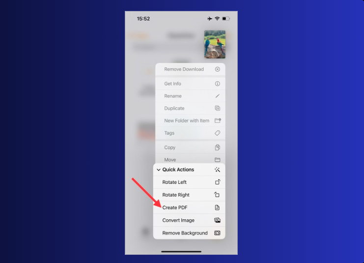Меню Quick Actions в Files на iPhone с командой Create PDF