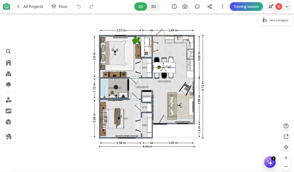 Интерфейс 2D-планировщика Planner 5D с планом квартиры