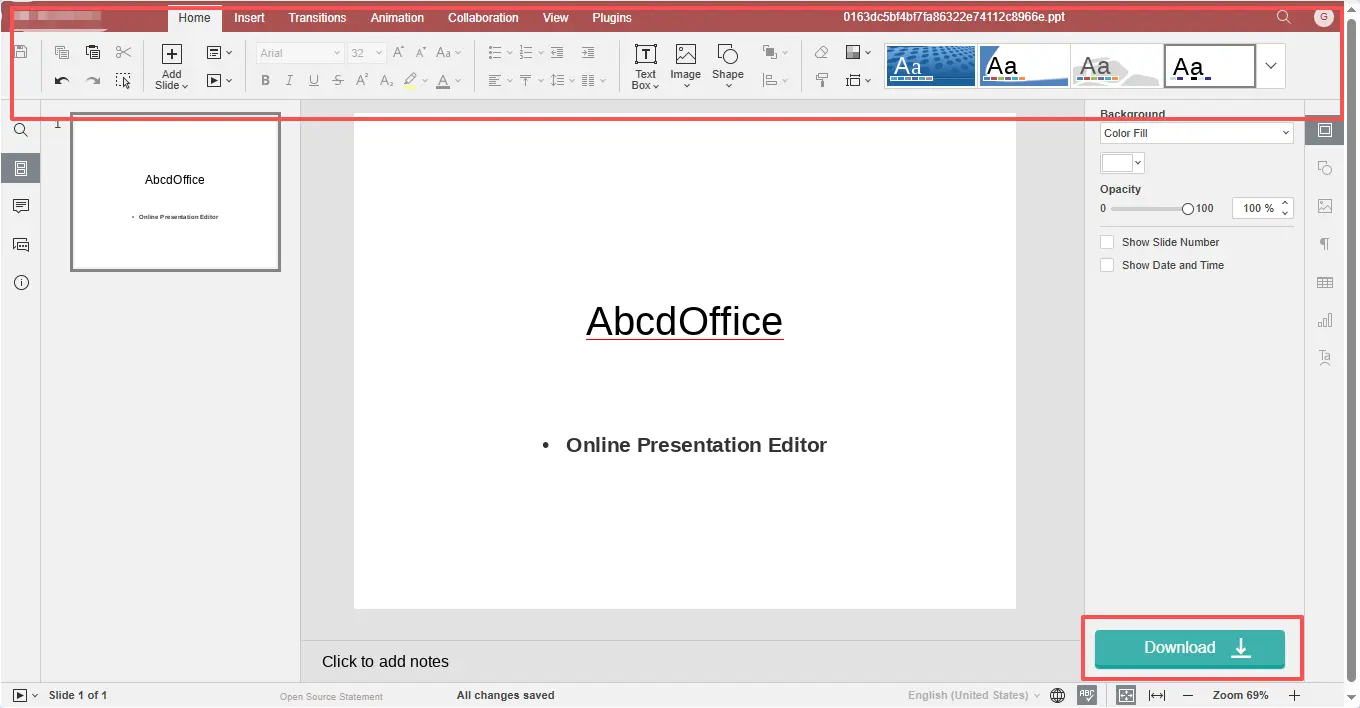 Редактор презентаций ABCD Office на базе ONLYOFFICE с панелью слайдов и кнопкой Download