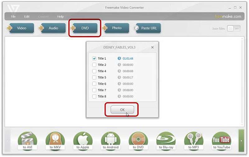 Выбор титула DVD в Freemake Video Converter