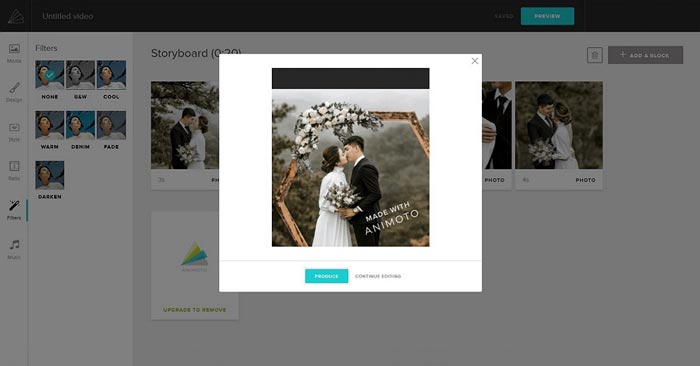 Интерфейс Animoto при создании свадебного слайд-шоу