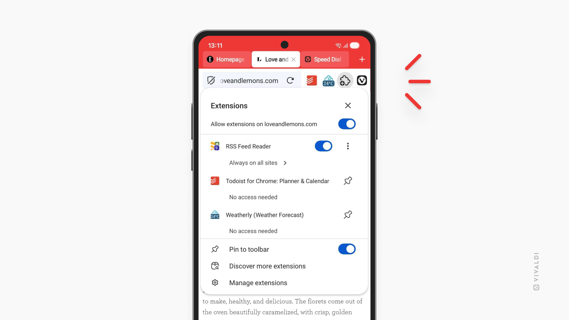 Меню Extensions в Vivaldi для Android