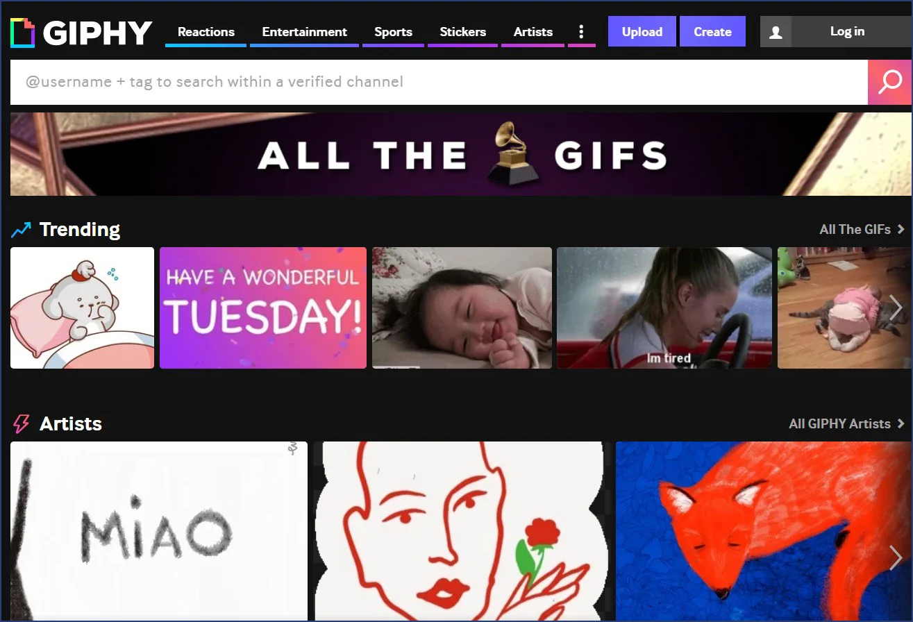 Интерфейс GIPHY с разделами Upload и Create
