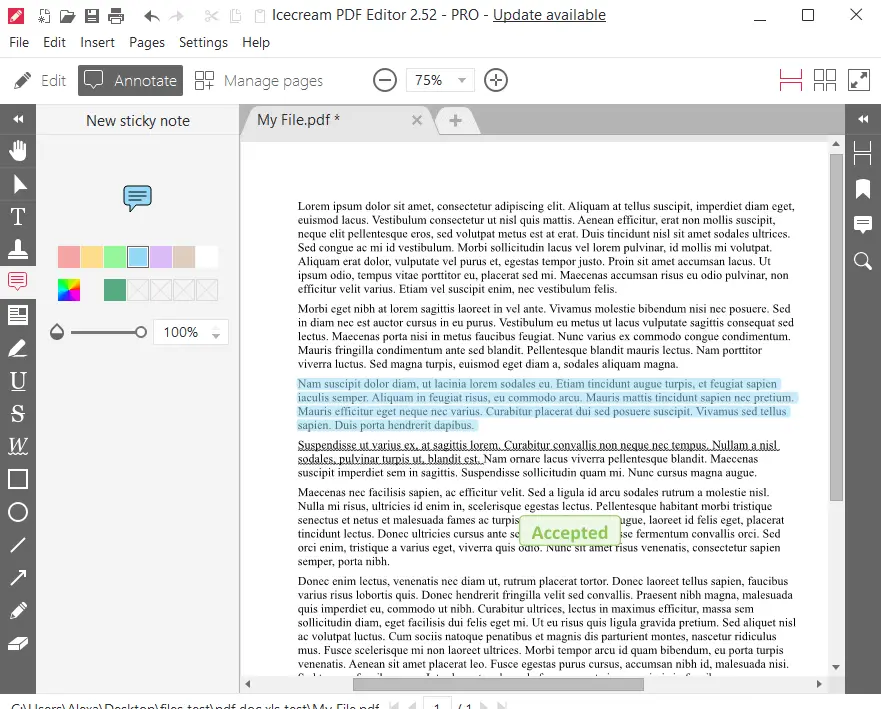 Режим Annotate в Icecream PDF Editor с заметкой, выделением и штампом Accepted