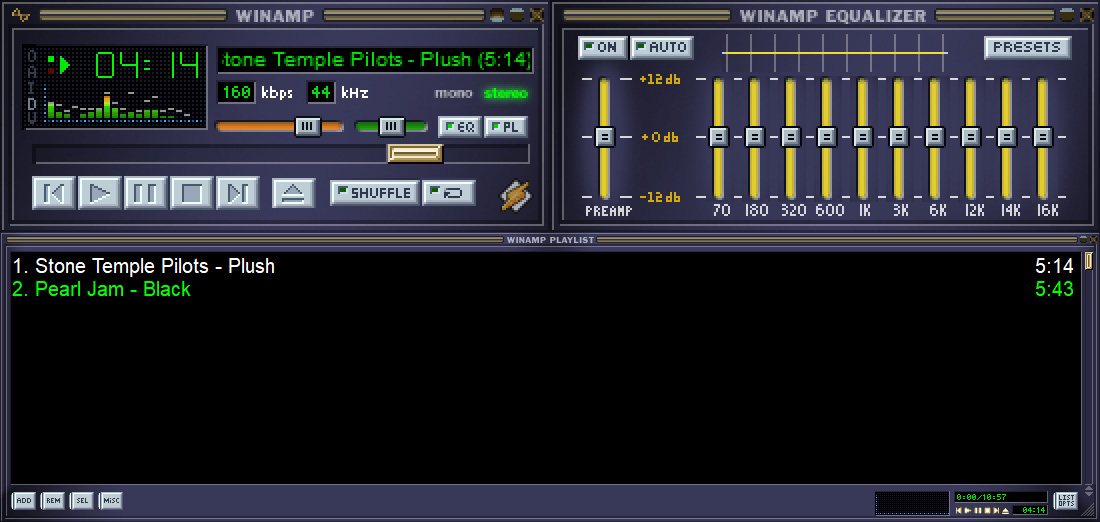 Интерфейс Winamp с медиатекой и списком композиций