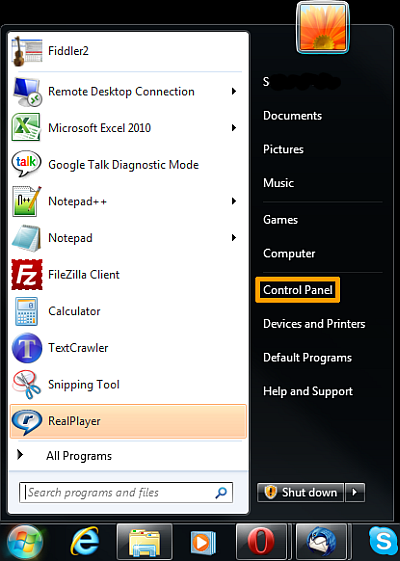 Пункт Control Panel в меню Пуск Windows 7