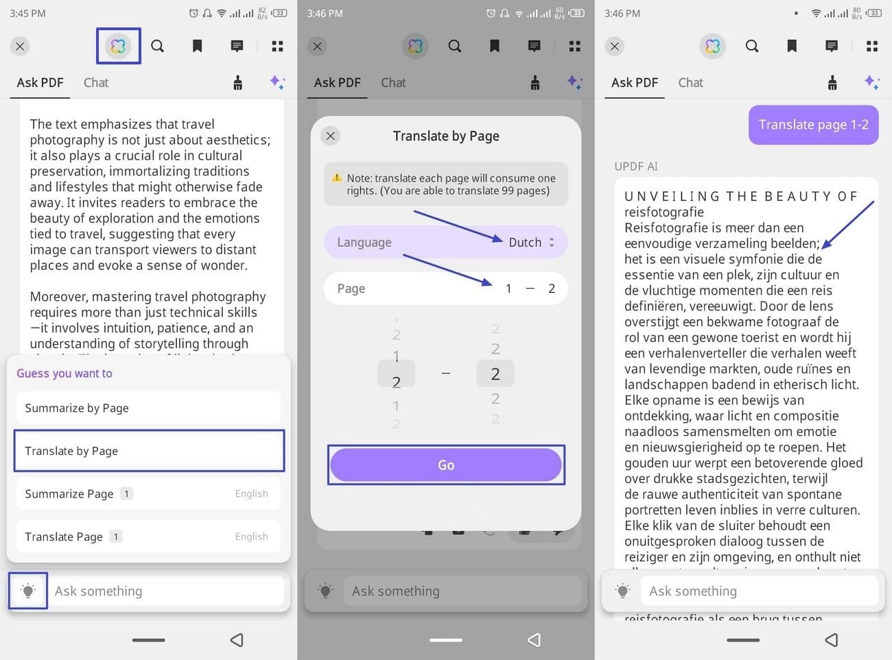 Мобильный интерфейс UPDF AI: выбор языка и диапазона страниц для перевода PDF