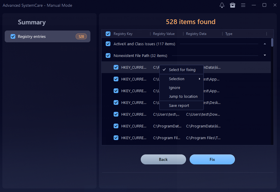 Подробный список записей в модуле Registry Clean Advanced SystemCare