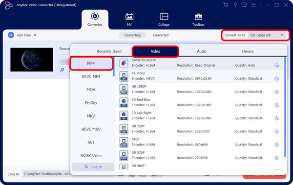 Выбор выходного формата в AnyRec Video Converter