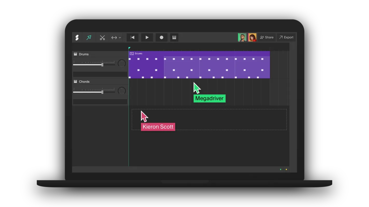 Интерфейс Soundation с дорожками онлайн-студии и совместной работой