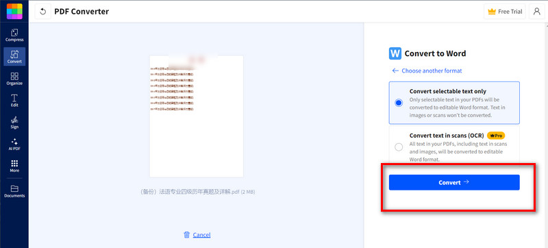 Запуск конвертации в Smallpdf