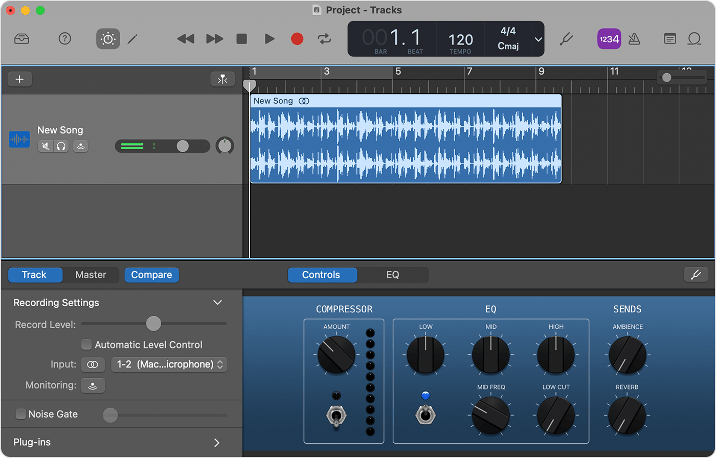 M4A-файл на дорожке GarageBand в macOS