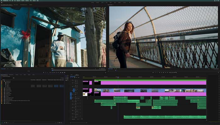Интерфейс Adobe Premiere Pro с двумя мониторами и многодорожечной монтажной шкалой