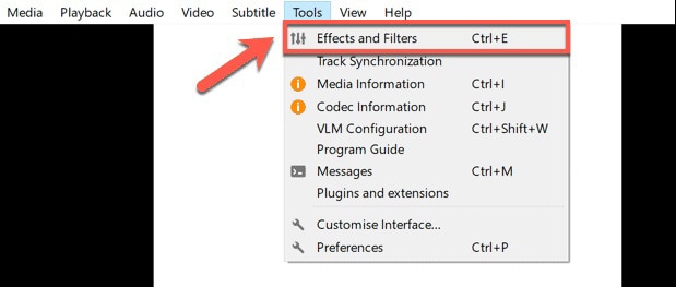 Меню инструментов VLC