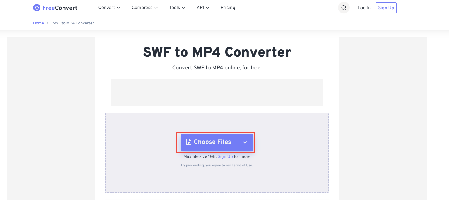 Страница FreeConvert SWF to MP4 с кнопкой Choose Files